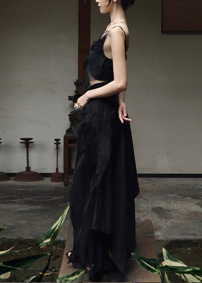 Diy Black V Neck Butterfly Tulle Vest and Maxi Skirts Two Pieces Set Summer