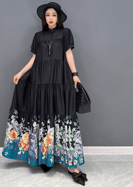 French Black Stand Collar Print Wrinkled Patchwork Cotton Long Dress Short Sleeve