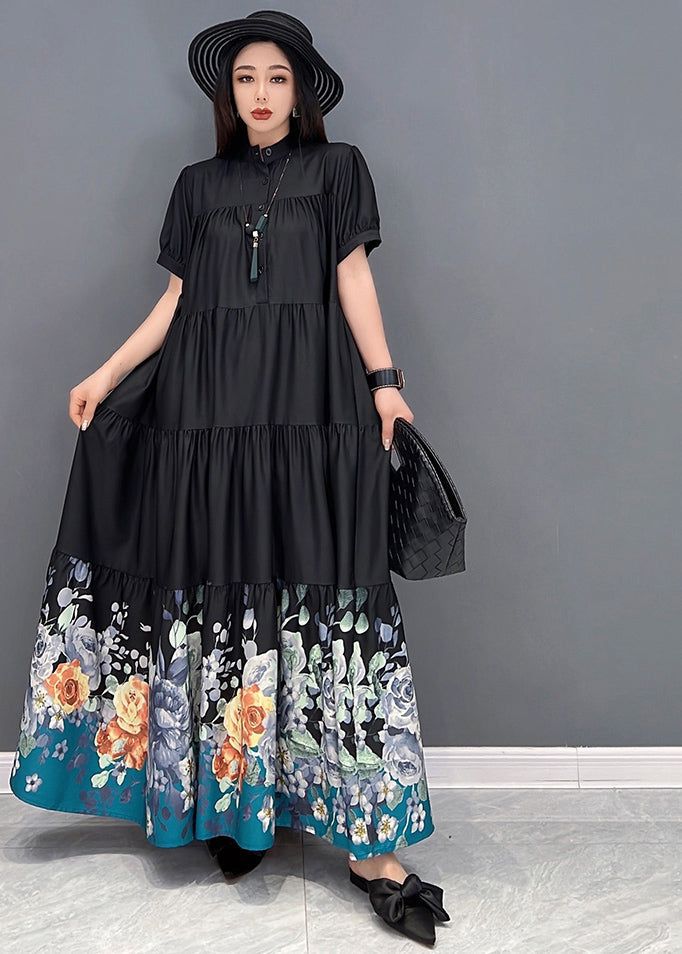 French Black Stand Collar Print Wrinkled Patchwork Cotton Long Dress Short Sleeve