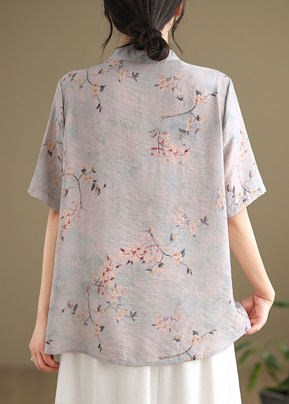 Light Purple Tasseled Print Cotton Top Short Sleeve