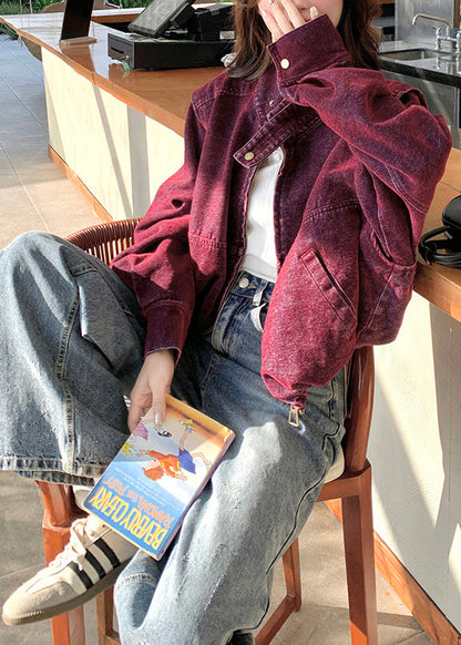 Purple Stand Collar Detachable Denim Jacket Spring