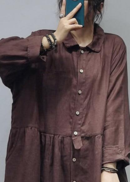 Dark Chocolate Linen Long Dress Cinched Extra Large Hem Long Sleeve