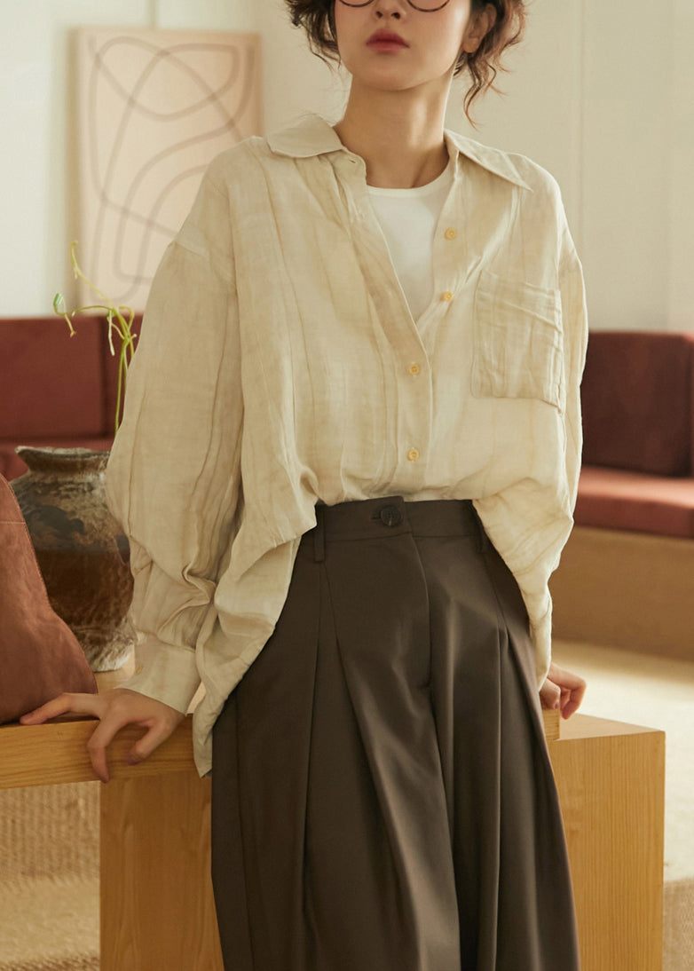 Apricot Peter Pan Collar Wrinkled Button Shirts Long Sleeve