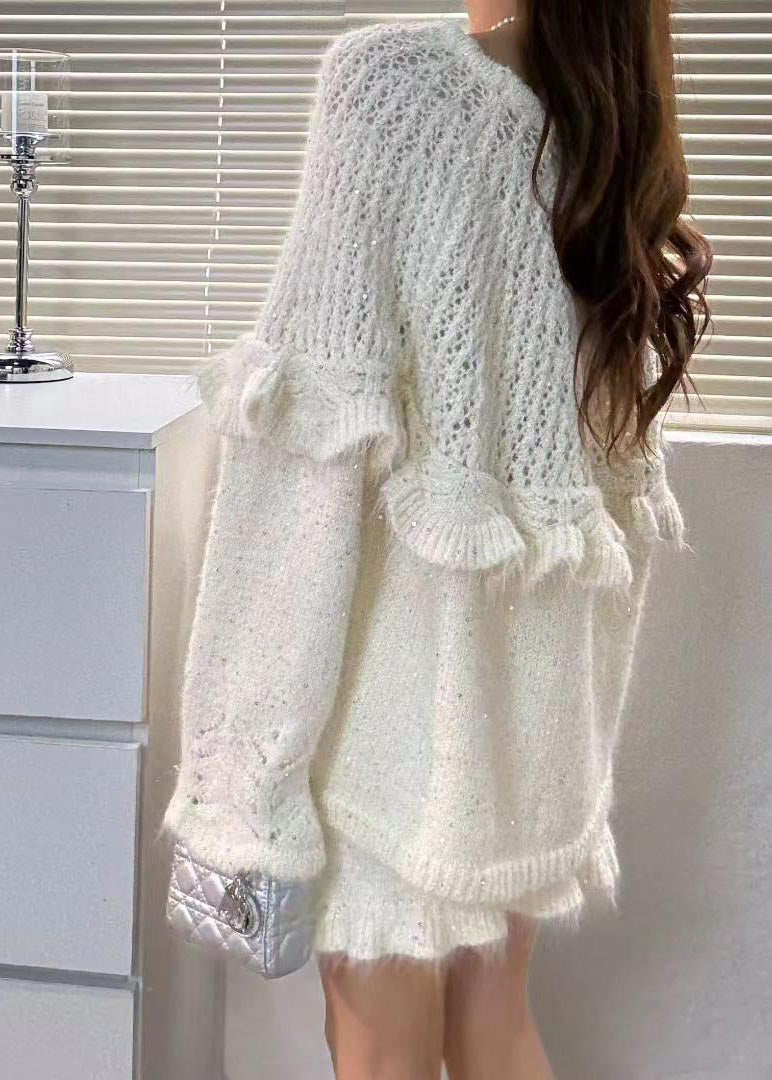 White Hollow Out Knit Two Pieces Set Bow Fall