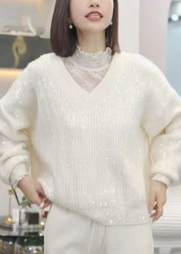 Pink V Neck Sequins Patchwork Knit Sweaters Fall