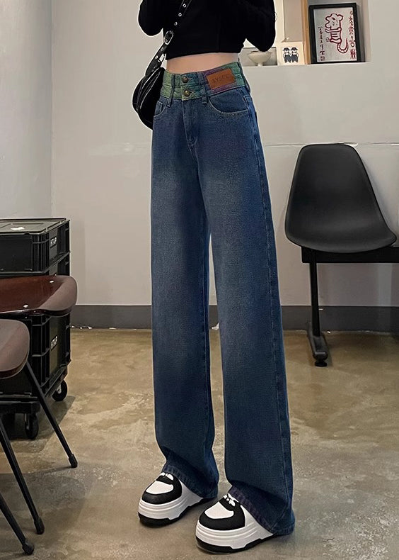 Black High Waist Patchwork Denim Straight Pants Spring