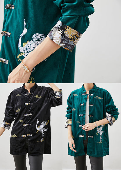 Blackish Green Silk Velour Jackets Embroideried Chinese Button Fall