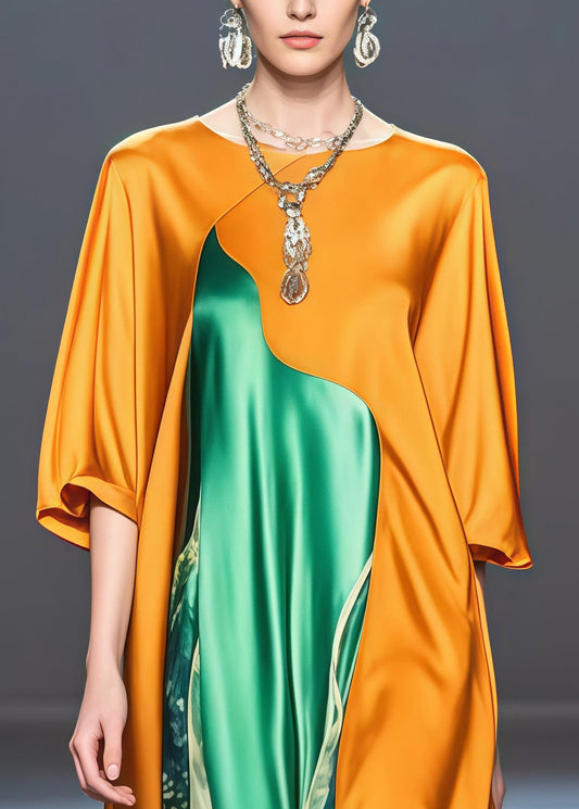 Yellow Asymmetrical Patchwork Draping Silk Holiday Dress Spring