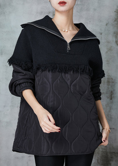 Black Tasseled Patchwork Fine Cotton Filled Sweatshirts Tracksuits Winter
