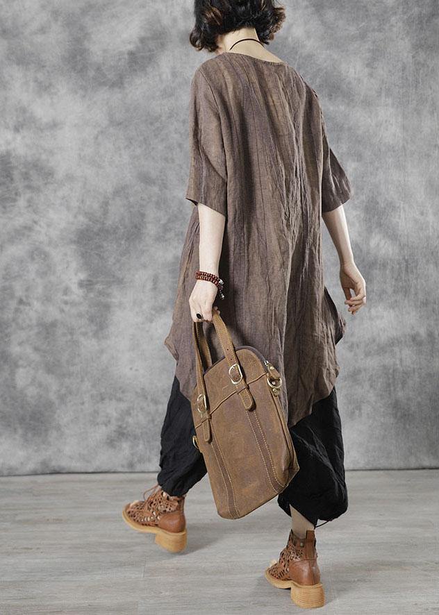 Art Chocolate Tie Waist Wrinkled Fall Tops Half Sleeve