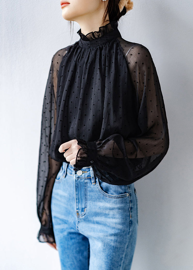 Black Ruffled Dot Thin Chiffon Shirts Fall