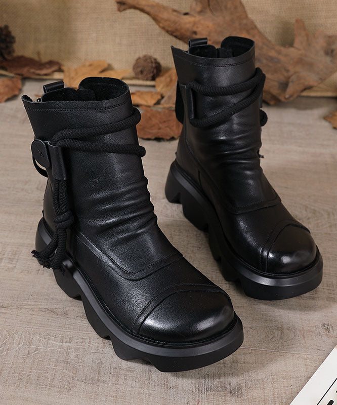 Platform Boots Black Cowhide Leather Ankle Boots