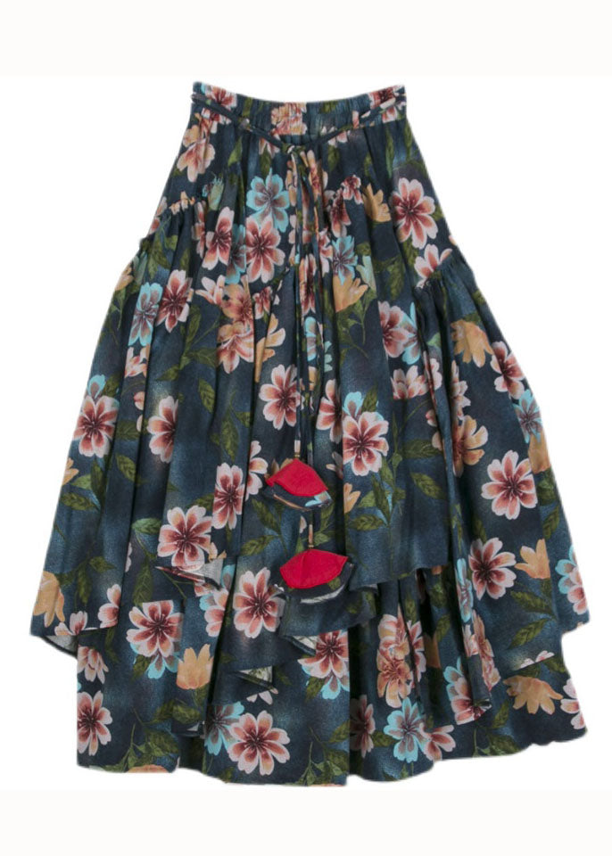 Green Wrinkled Asymmetrical Print Patchwork Cotton Skirts Fall