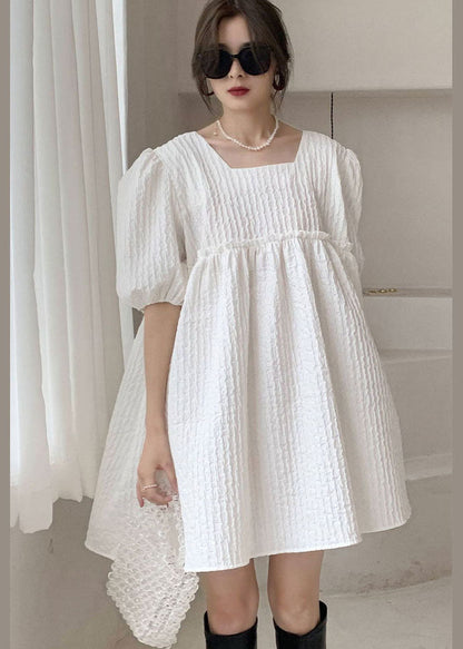 White Ruffled Bow Patchwork Cotton Vacation Dress Spring
