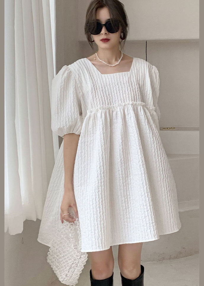 White Ruffled Bow Patchwork Cotton Vacation Dress Spring