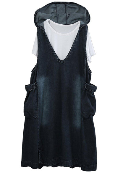 V-neck Denim Dress Double Pocket Loose Large T-shirt Two Piece Set