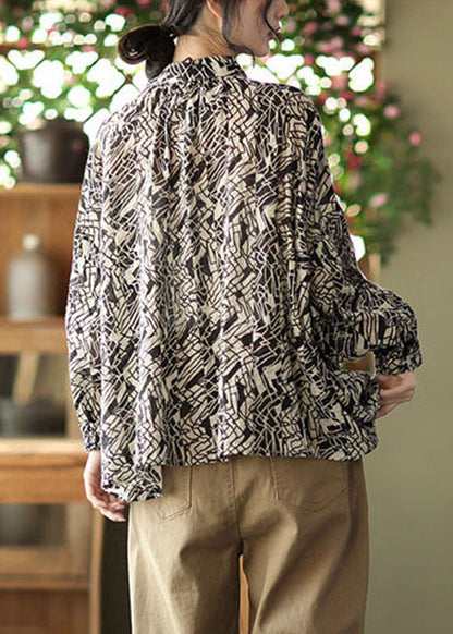 Loose Black Button Peter Pan Collar Print Shirt Spring