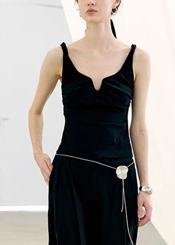 Fine Black V Neck Tassel Vest Sleeveless