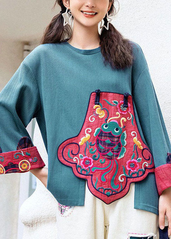 Blue Asymmetrical Design Embroideried Sweatshirts Tops Spring