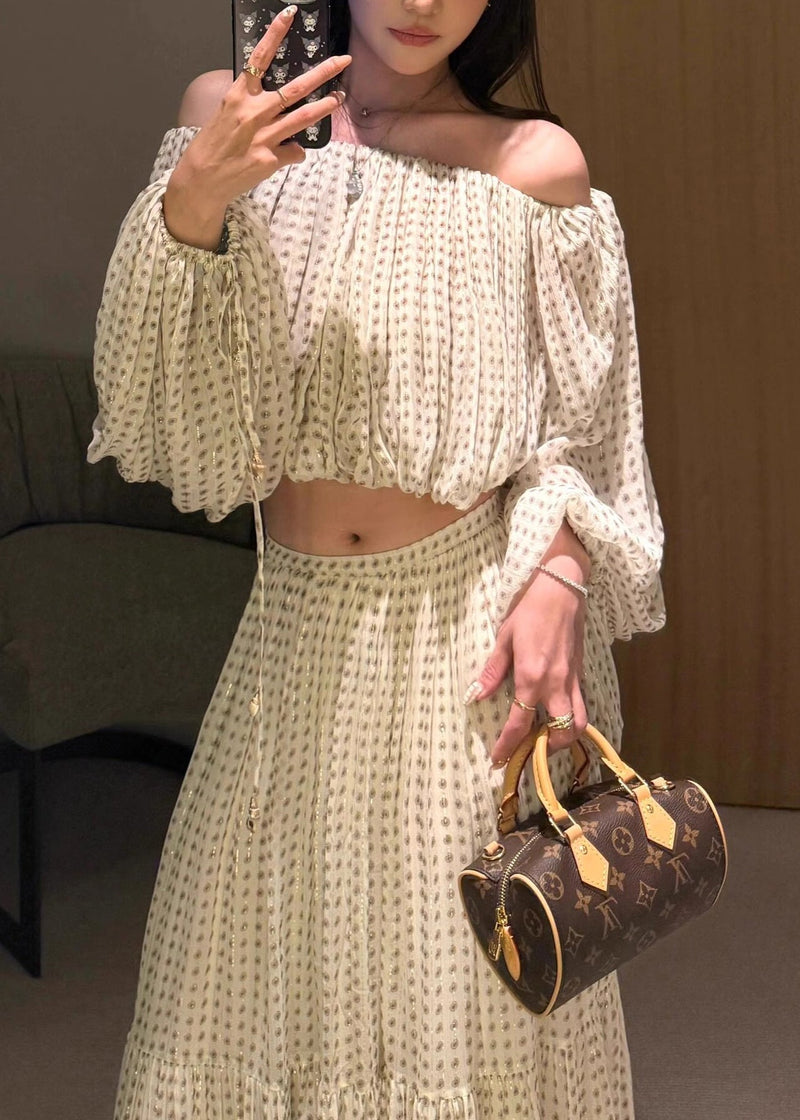 French Champagne Slash Neck Wrinkled Silk Two Pieces Set Fall
