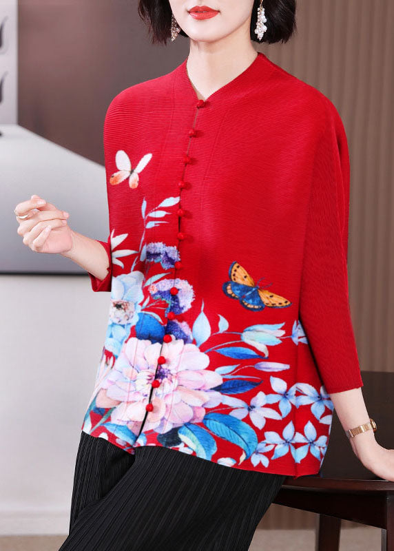 Red O-neck Print Button Tops Fall