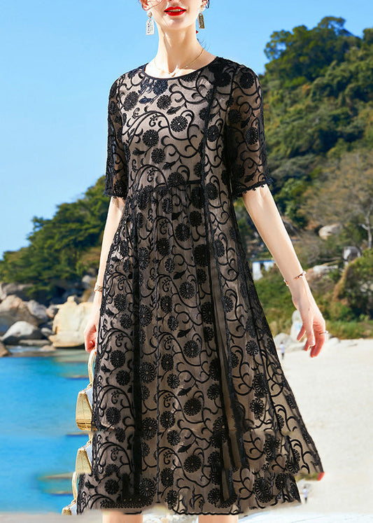 Organic Black O-neck Embroideried Side Open Silk Dinner Dress Short Sleeve