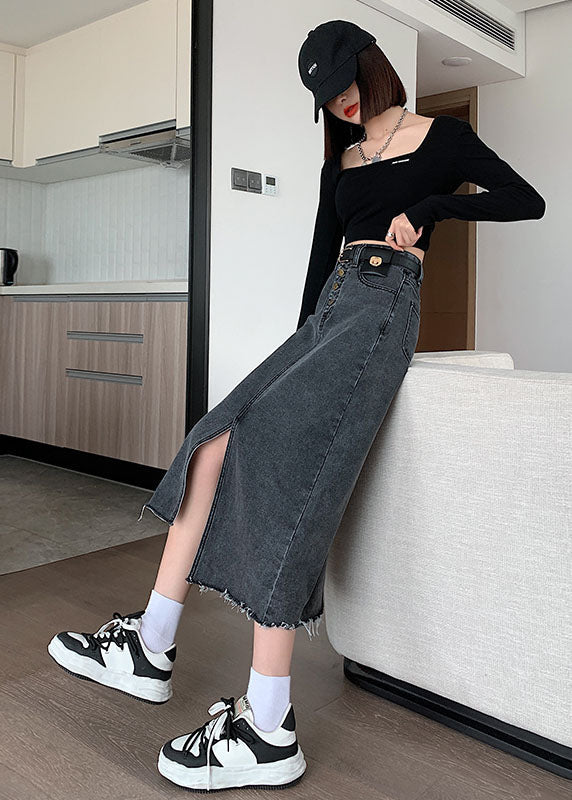 Stylish Black Grey High Waist Side Open Asymmetrical Cotton a Line Skirts Summer