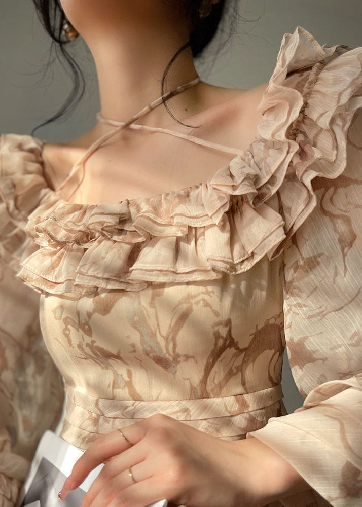 Boutique Beige Slash Neck Ruffles Chiffon Maxi Spaghetti Strap Dresses Puff Sleeve