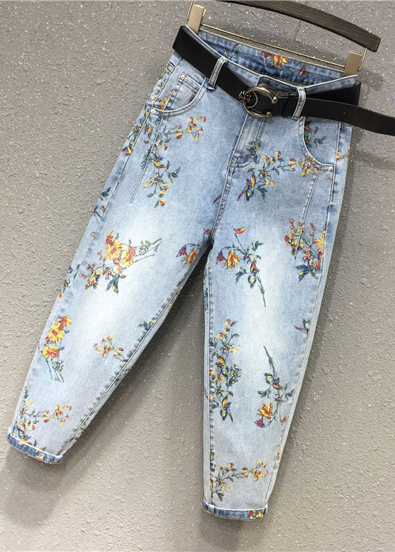 Light Blue Print Patchwork Crop Jeans Fall