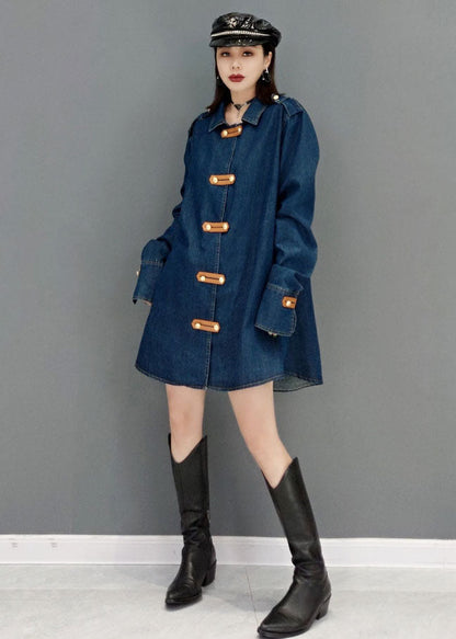 Blue Peter Pan Collar Cotton Denim Long Coat Long Sleeve