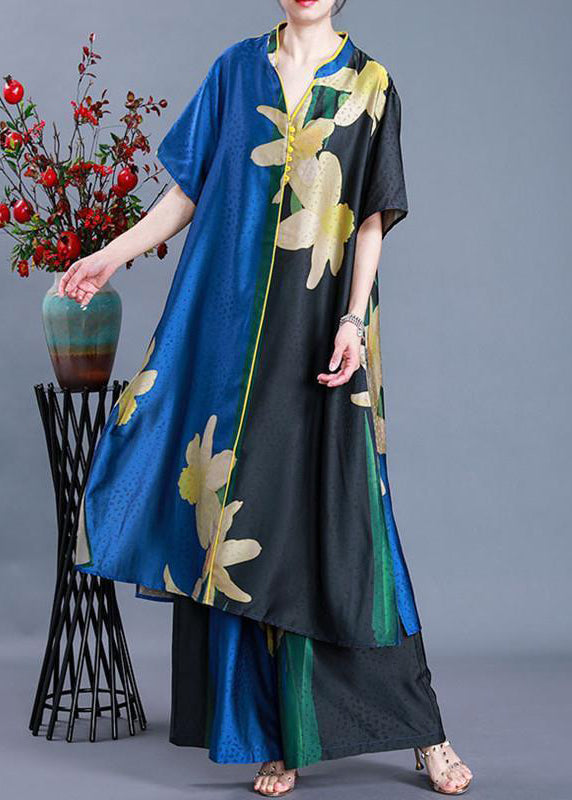 Blue Side Open V Neck Patchwork Chiffon Two Pieces Set Summer