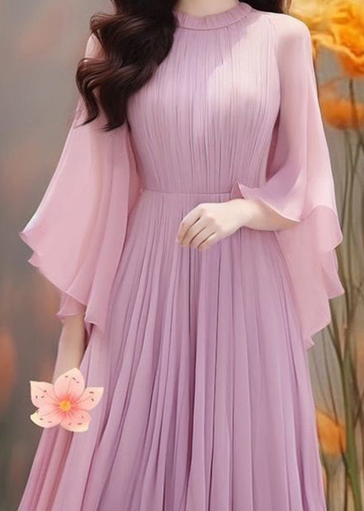 Purple Wrinkled Chiffon Dresses Butterfly Sleeve Summer