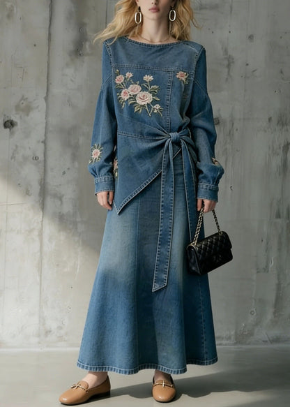 Style Blue Embroidered Top and Skirts Denim Two Pieces Set Spring