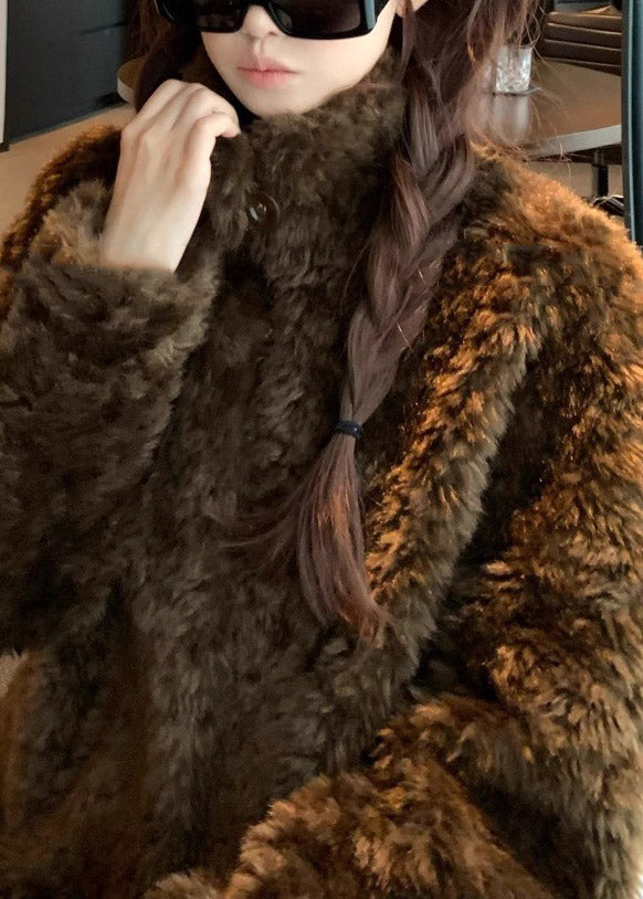 Boutique Beige Stand Collar Button Faux Fur Coat Winter
