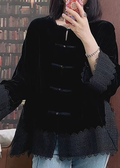 Black O-neck Silk Velour Coats Fall