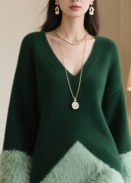 Blackish Green Oversized Patchwork Faux Fur Knitwear Dress Winter
