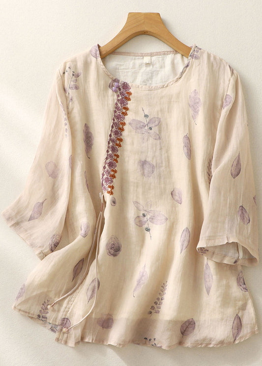 Light Purple Print Tasseled Patchwork Cotton Shirt Bracelet Sleeve