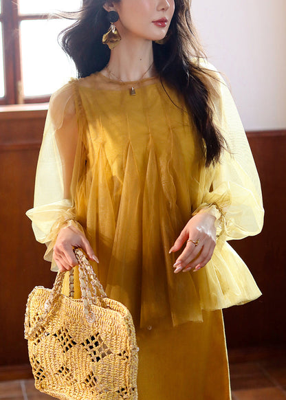 Art Yellow Tank and Tops Tulle Two Pieces Set Butterfly Sleeve