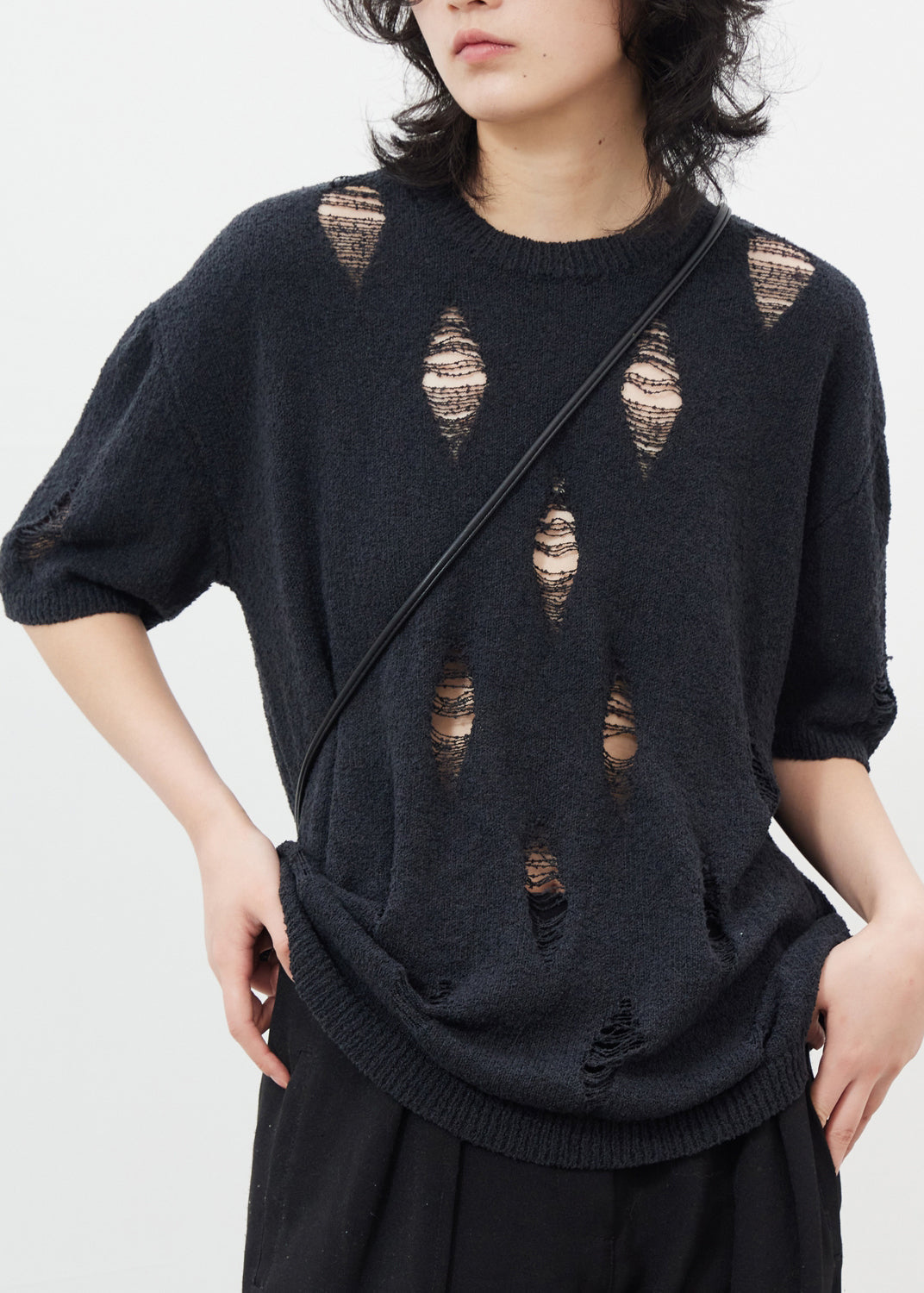 Black Hollow Out Hole Ice Silk Knit Top Half Sleeve