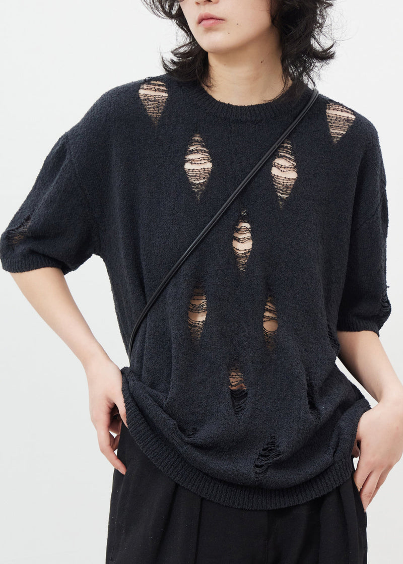 Black Hollow Out Hole Ice Silk Knit Top Half Sleeve