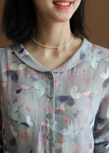 Grey Blue Peter Pan Collar Tie Waist Print Linen Vacation Dresses Half Sleeve