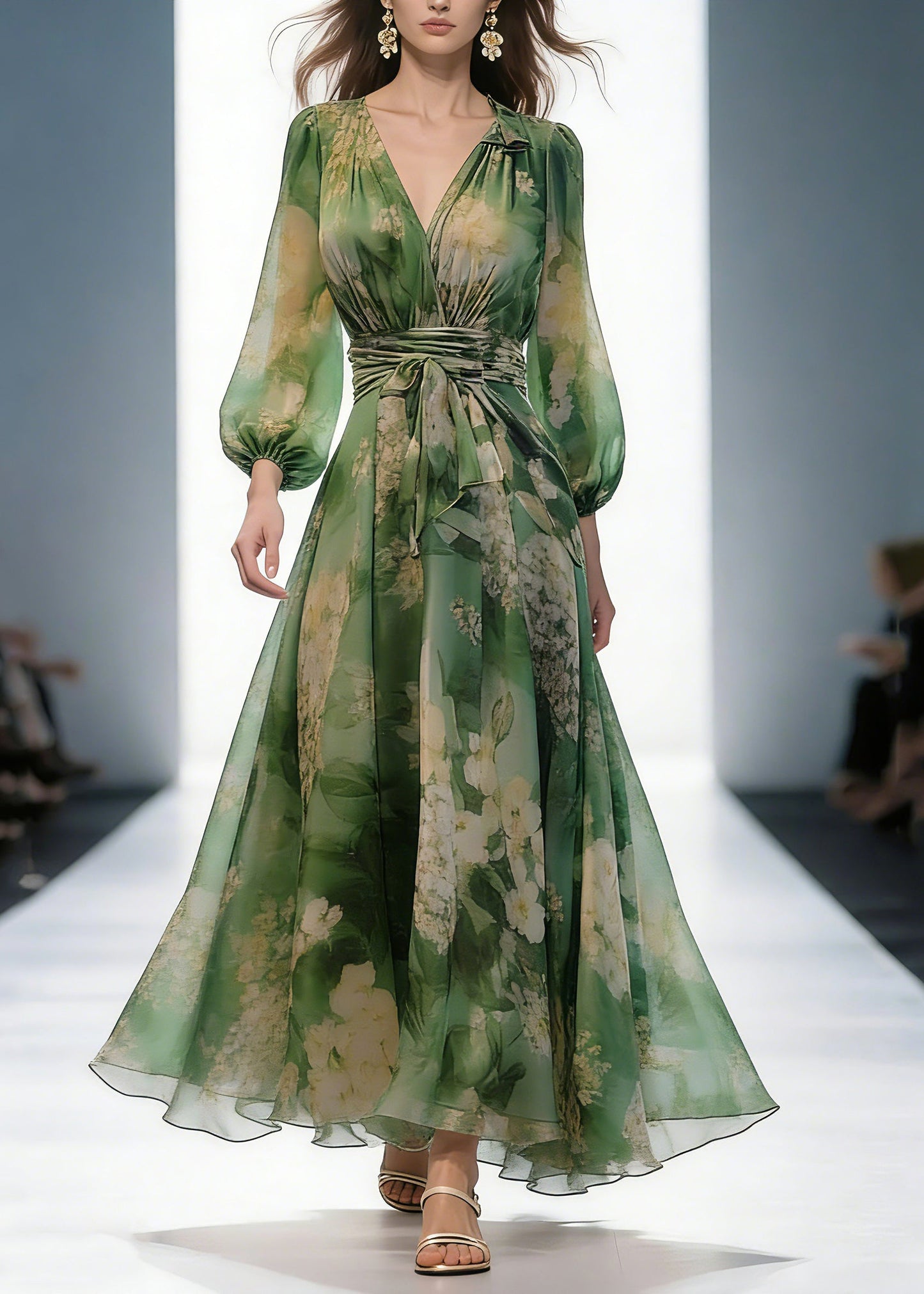 French Green V Neck Print High Waist Chiffon Dresses Long Sleeve Spring