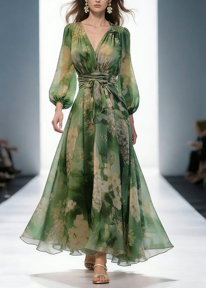 French Green V Neck Print High Waist Chiffon Dresses Long Sleeve Spring