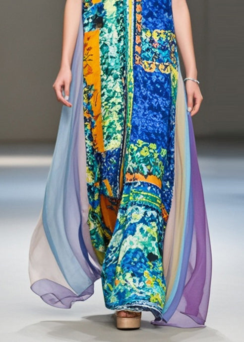 Modern Blue V Neck Patchwork Print Chiffon Robe Dresses Sleeveless Summer