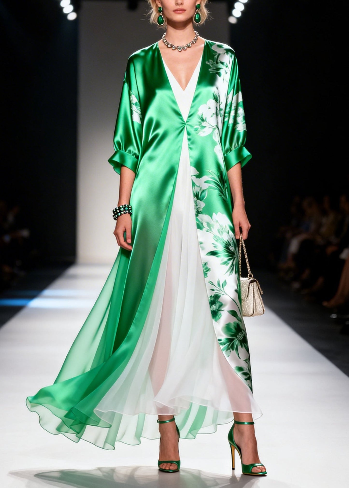 Green V Neck Print Patchwork Chiffon Dress Summer