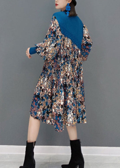 Boutique Blue O-neck Knit Patchwork Chiffon Holiday Dress Spring