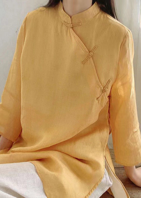 Yellow Stand Collar Button Cotton Shirt Tops Spring