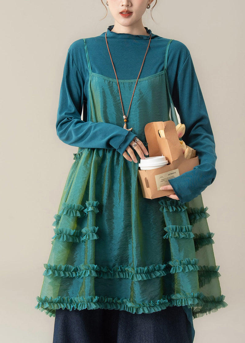 Blue Ruffled Spaghetti Strap Dress T Shirt and Pants Three Piece Suit Set Spring