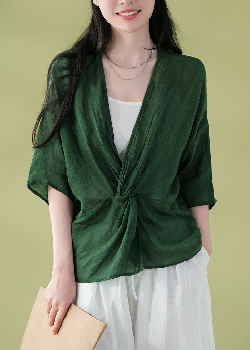 Classy Blackish Green V Neck Linen Top Bracelet Sleeve
