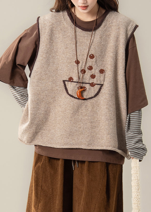 Apricot Jacquard Knit Vest and Coffee T Shirt Patchwork Two Piece Set